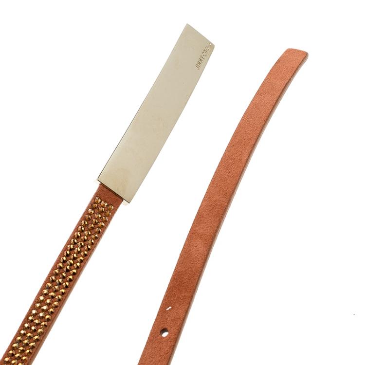 Pre Owned Jimmy Choo Orange Suede Crystal Embellished Blossom Skinny Belt 75cm
