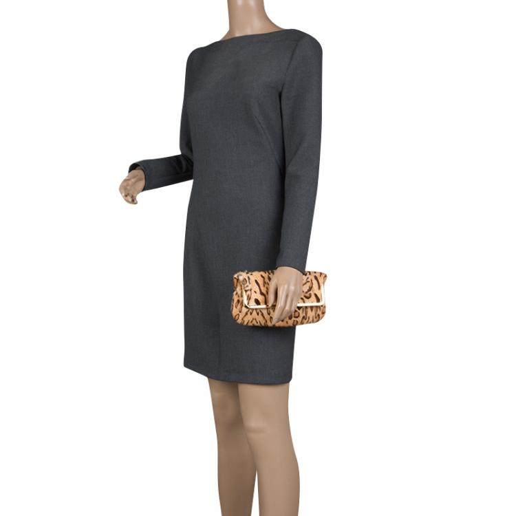 Pre Owned Jimmy Choo Leopard Print Calfhair Frame Foldover Clutch