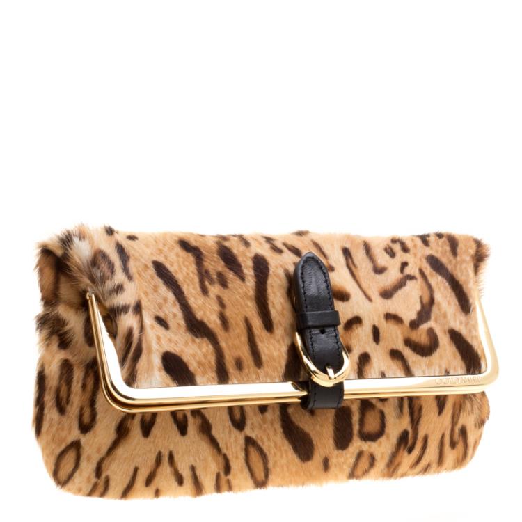 Pre Owned Jimmy Choo Leopard Print Calfhair Frame Foldover Clutch