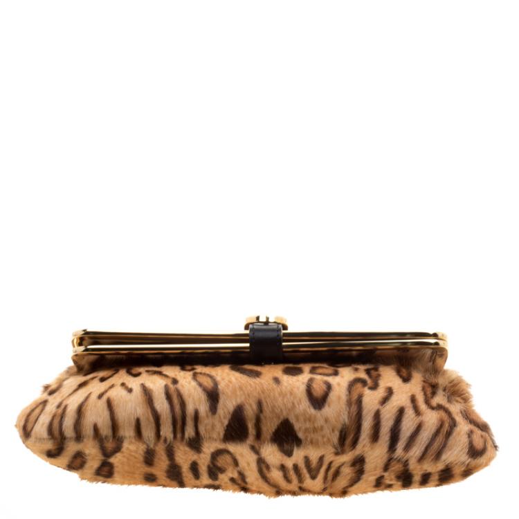 Pre Owned Jimmy Choo Leopard Print Calfhair Frame Foldover Clutch