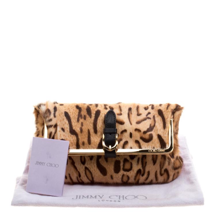 Pre Owned Jimmy Choo Leopard Print Calfhair Frame Foldover Clutch
