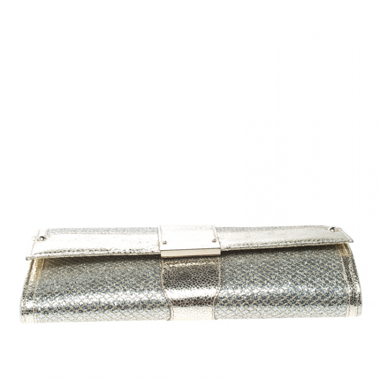 Pre Owned Jimmy Choo Metallic Gold/Silver Textured Leather and Fabric Clutch