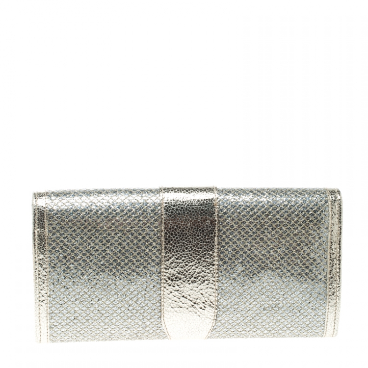 Pre Owned Jimmy Choo Metallic Gold/Silver Textured Leather and Fabric Clutch