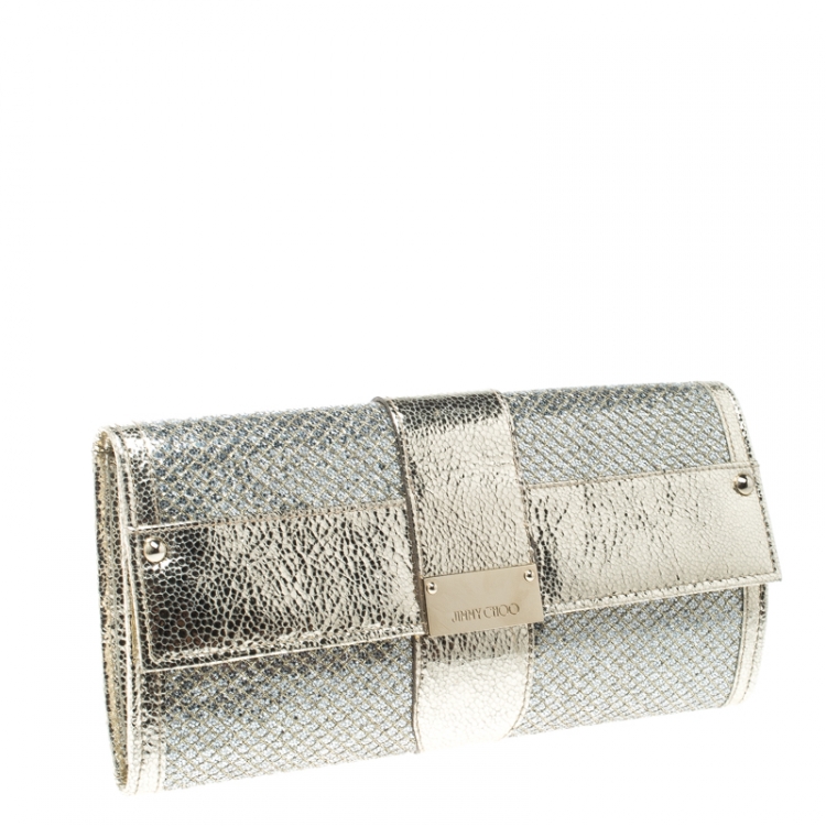 Pre Owned Jimmy Choo Metallic Gold/Silver Textured Leather and Fabric Clutch