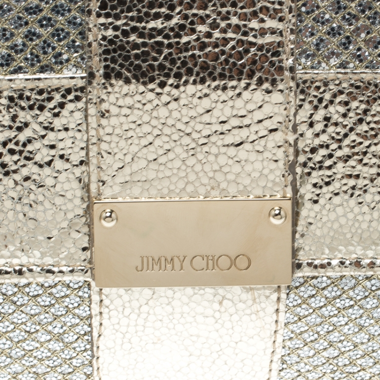 Pre Owned Jimmy Choo Metallic Gold/Silver Textured Leather and Fabric Clutch