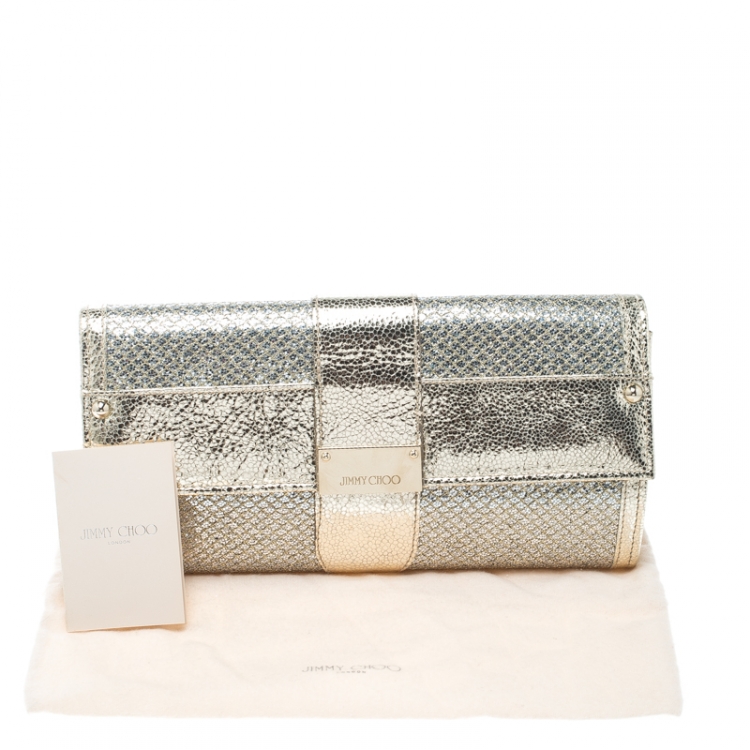 Pre Owned Jimmy Choo Metallic Gold/Silver Textured Leather and Fabric Clutch