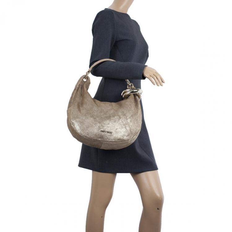 Pre Owned Jimmy Choo Silver Metallic Leather Sky Bangle Hobo 