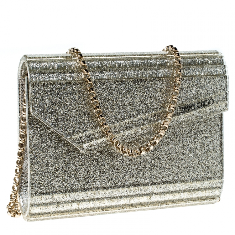 Pre Owned Jimmy Choo Gold Glitter Acrylic Candy Clutch Bag