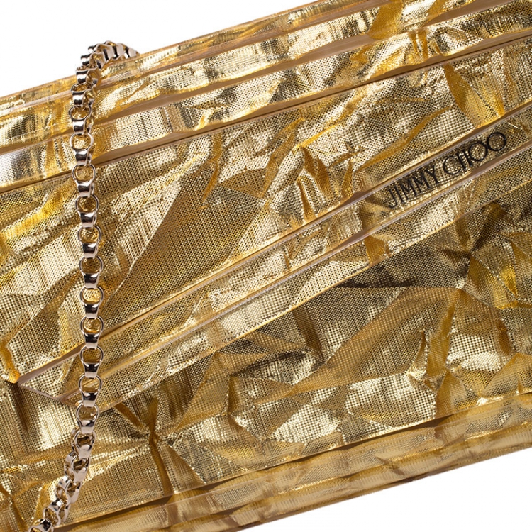 Pre Owned Jimmy Choo Gold Glitter Acrylic Candy Clutch Bag