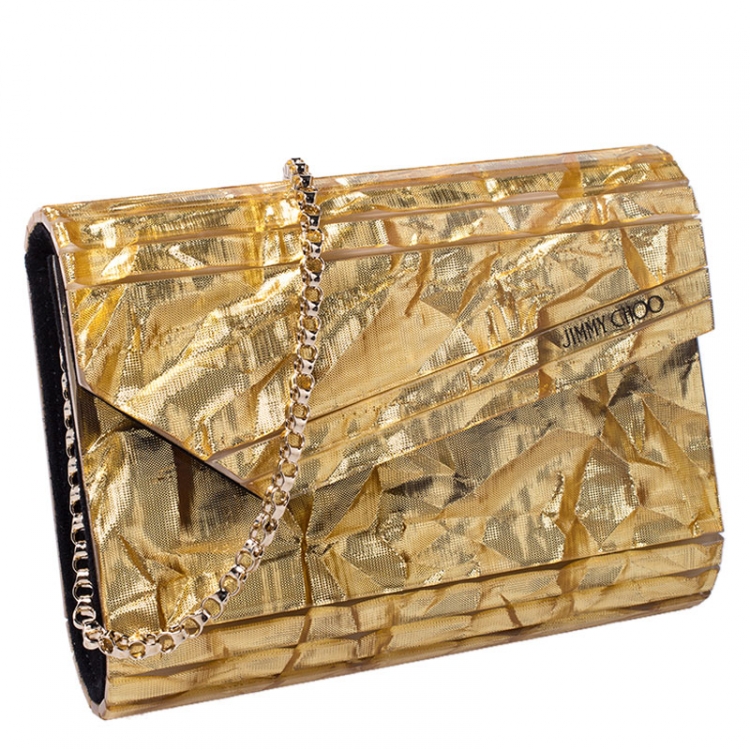 Pre Owned Jimmy Choo Gold Glitter Acrylic Candy Clutch Bag