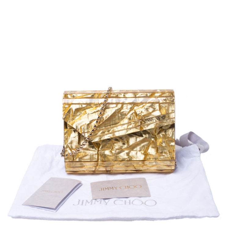 Pre Owned Jimmy Choo Gold Glitter Acrylic Candy Clutch Bag