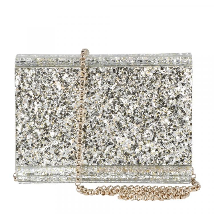 Pre Owned Jimmy Choo Metallic Champagne Glitter Acrylic Candy Clutch Bag