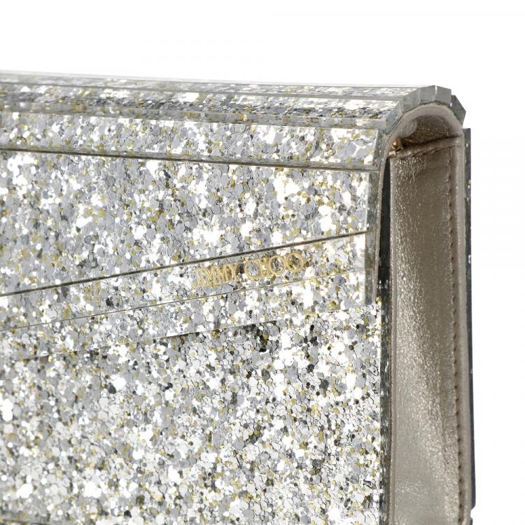 Pre Owned Jimmy Choo Metallic Champagne Glitter Acrylic Candy Clutch Bag