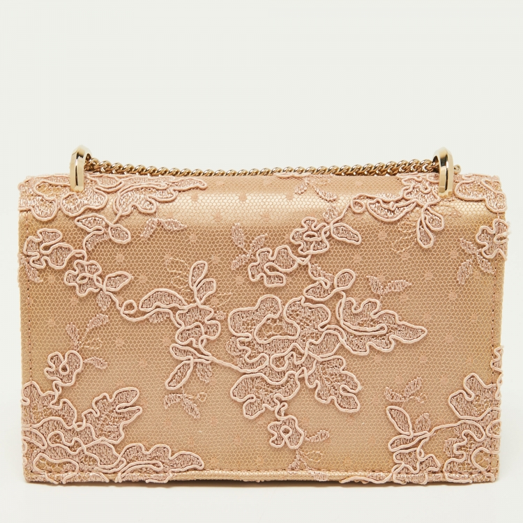 Pre Owned Jimmy Choo Beige Floral Lace Lizzie Chain Shoulder Bag