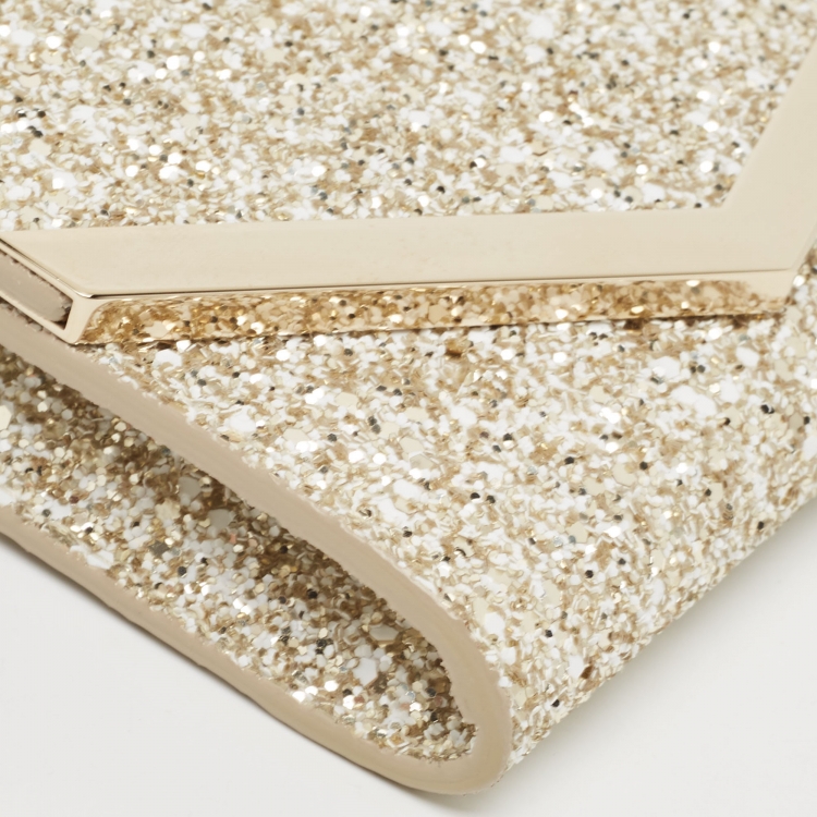 Pre Owned Jimmy Choo Gold Coarse Glitter Emmie Clutch