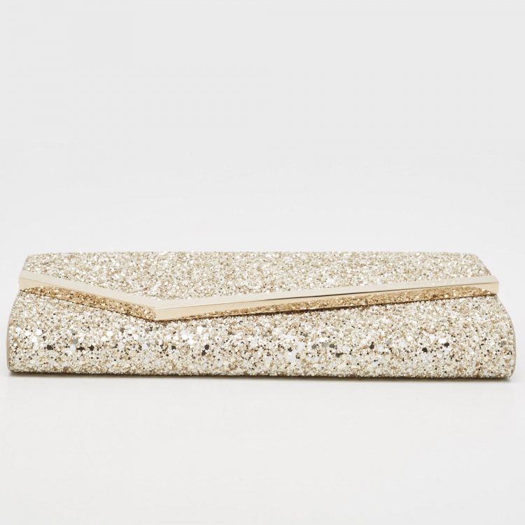 Pre Owned Jimmy Choo Gold Coarse Glitter Emmie Clutch