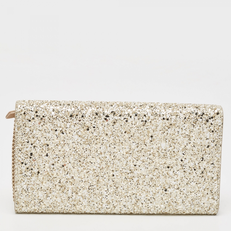 Pre Owned Jimmy Choo Gold Coarse Glitter Emmie Clutch