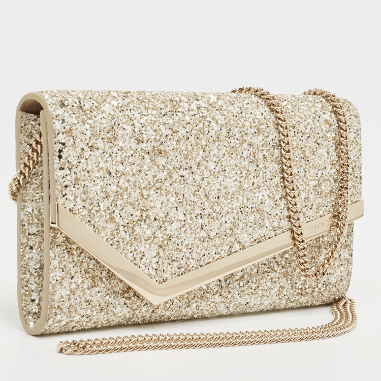 Pre Owned Jimmy Choo Gold Coarse Glitter Emmie Clutch