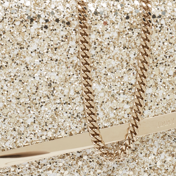 Pre Owned Jimmy Choo Gold Coarse Glitter Emmie Clutch