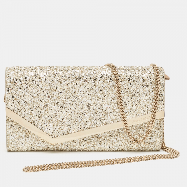 Pre Owned Jimmy Choo Gold Coarse Glitter Emmie Clutch