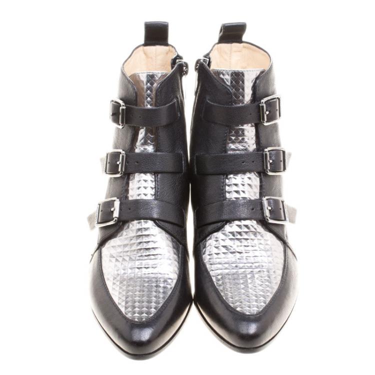 Pre Owned Jimmy Choo Black and Metallic Silver Embossed Leather Marlin Ankle Boots Size 36