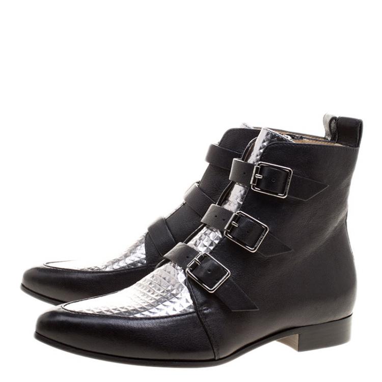 Pre Owned Jimmy Choo Black and Metallic Silver Embossed Leather Marlin Ankle Boots Size 36