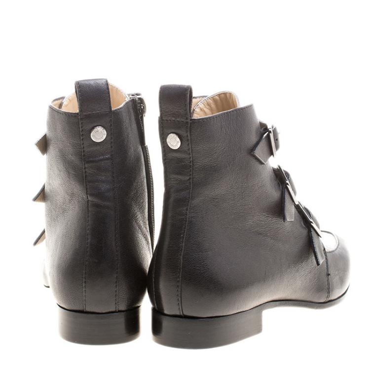 Pre Owned Jimmy Choo Black and Metallic Silver Embossed Leather Marlin Ankle Boots Size 36