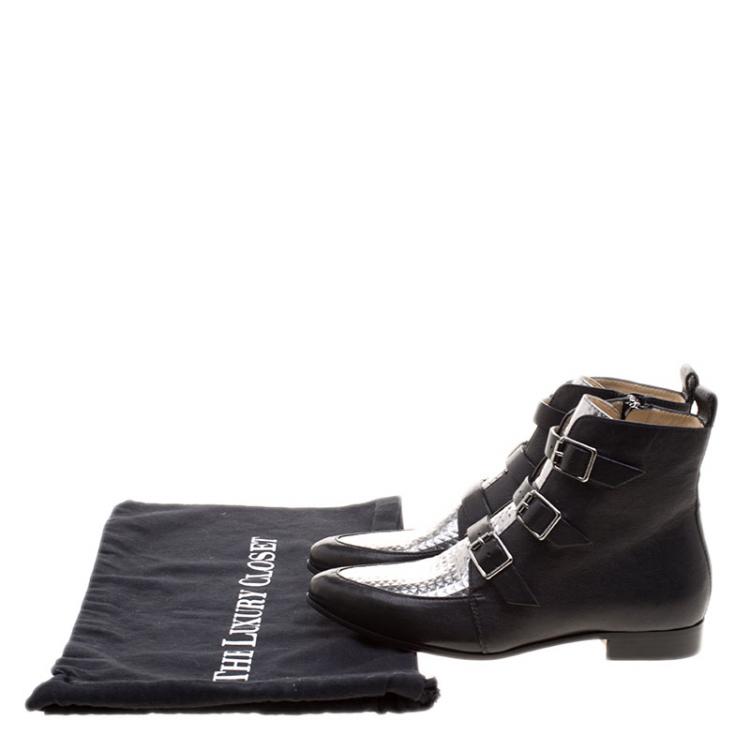 Pre Owned Jimmy Choo Black and Metallic Silver Embossed Leather Marlin Ankle Boots Size 36