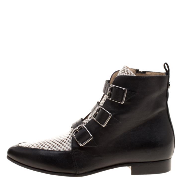 Pre Owned Jimmy Choo Black and Snake Embossed Leather Marlin Boots Size 35