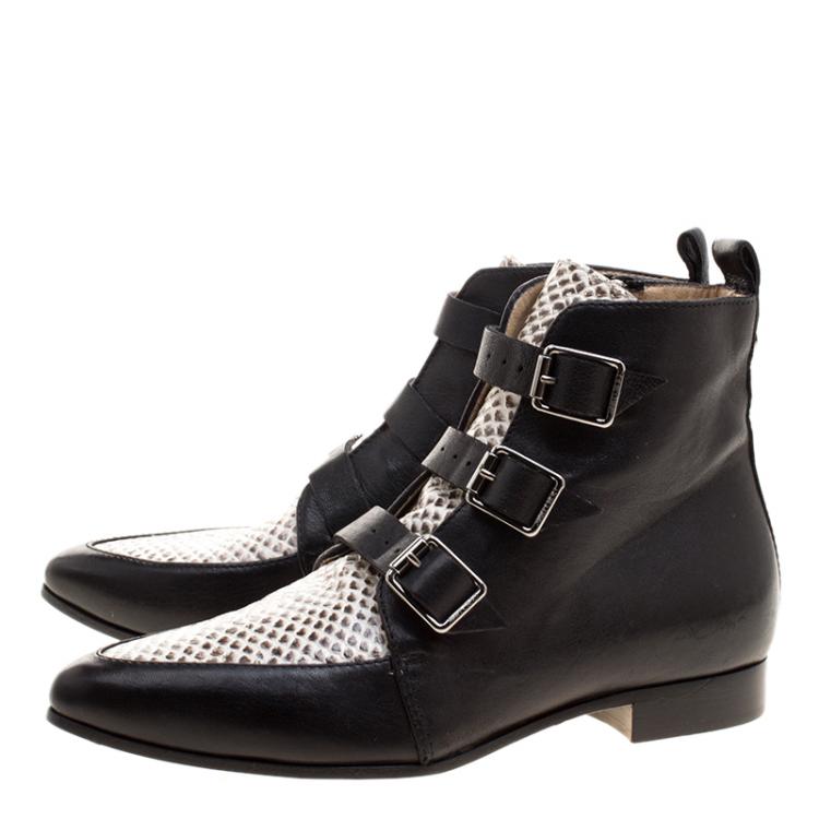 Pre Owned Jimmy Choo Black and Snake Embossed Leather Marlin Boots Size 35