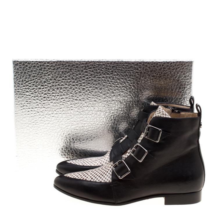 Pre Owned Jimmy Choo Black and Snake Embossed Leather Marlin Boots Size 35