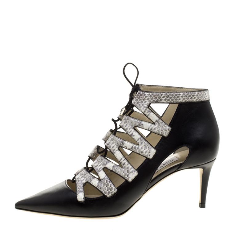Pre Owned Jimmy Choo Black Leather and Embossed Snakeskin Dixon Cut Out Pointed Toe Pumps Size 40
