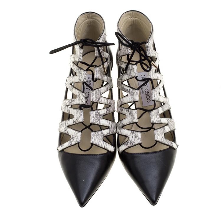 Pre Owned Jimmy Choo Black Leather and Embossed Snakeskin Dixon Cut Out Pointed Toe Pumps Size 40