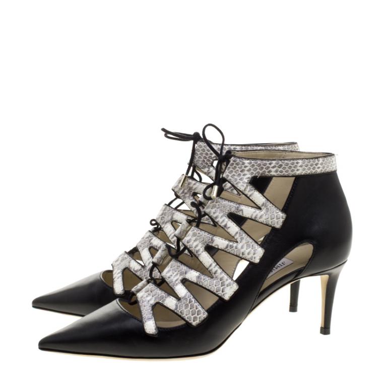 Pre Owned Jimmy Choo Black Leather and Embossed Snakeskin Dixon Cut Out Pointed Toe Pumps Size 40