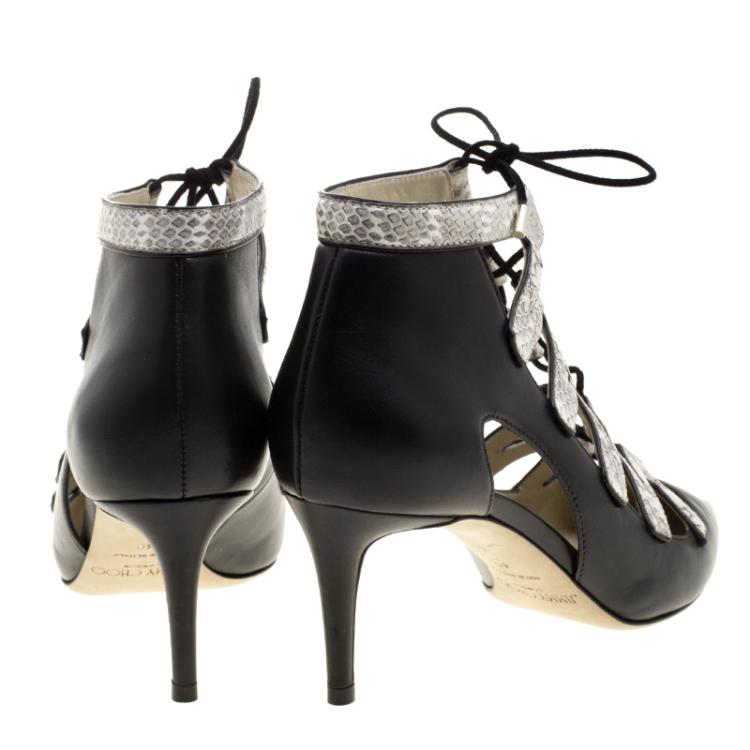 Pre Owned Jimmy Choo Black Leather and Embossed Snakeskin Dixon Cut Out Pointed Toe Pumps Size 40