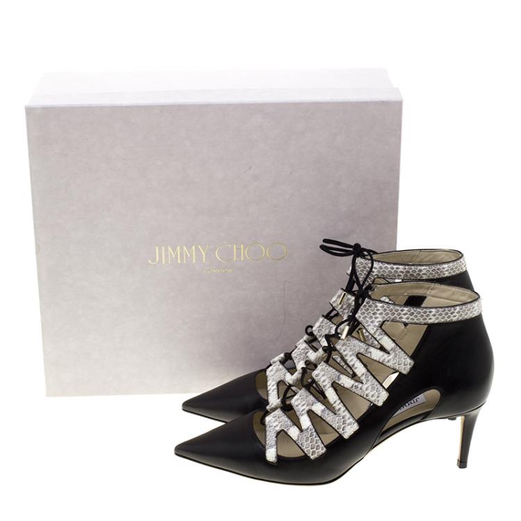 Pre Owned Jimmy Choo Black Leather and Embossed Snakeskin Dixon Cut Out Pointed Toe Pumps Size 40