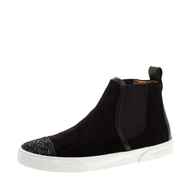 Pre Owned Jimmy Choo Black Suede and Leather Della High Top Sneakers Size 37.5
