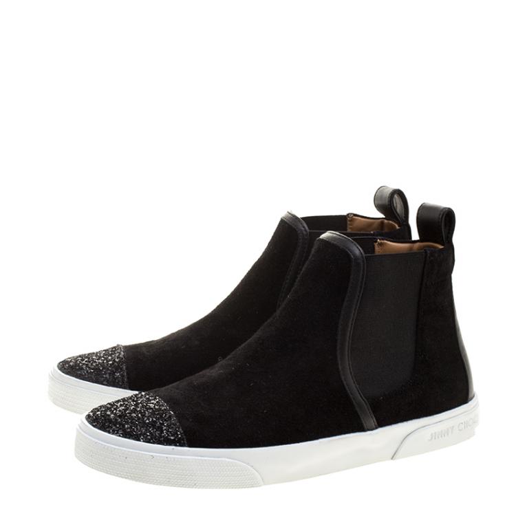 Pre Owned Jimmy Choo Black Suede and Leather Della High Top Sneakers Size 37.5