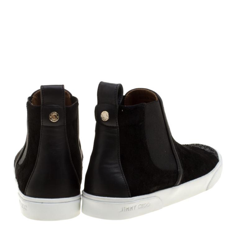 Pre Owned Jimmy Choo Black Suede and Leather Della High Top Sneakers Size 37.5