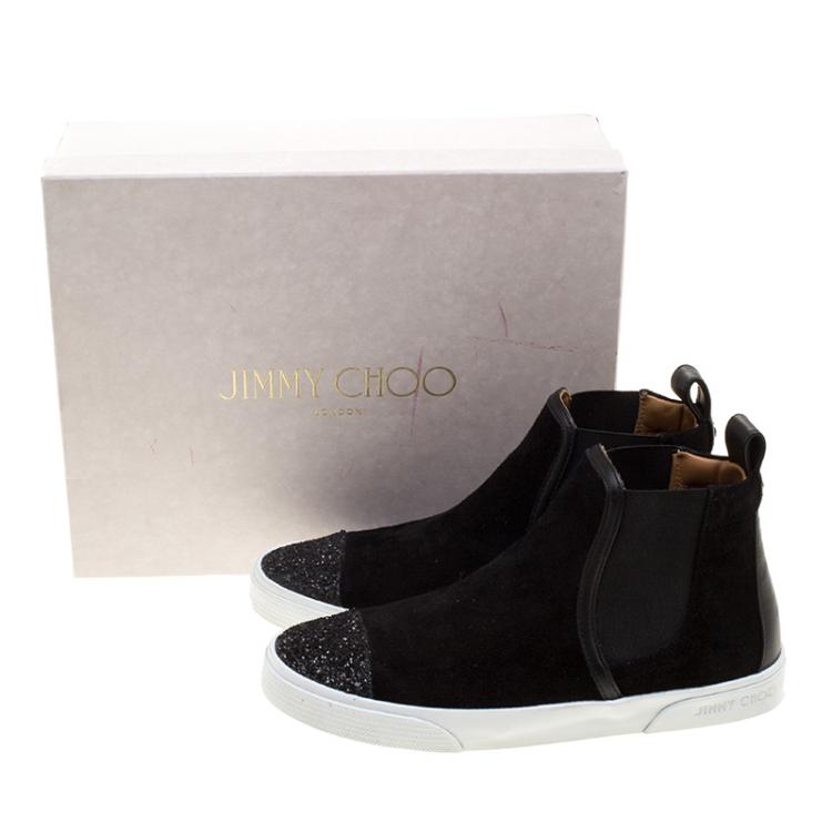 Pre Owned Jimmy Choo Black Suede and Leather Della High Top Sneakers Size 37.5