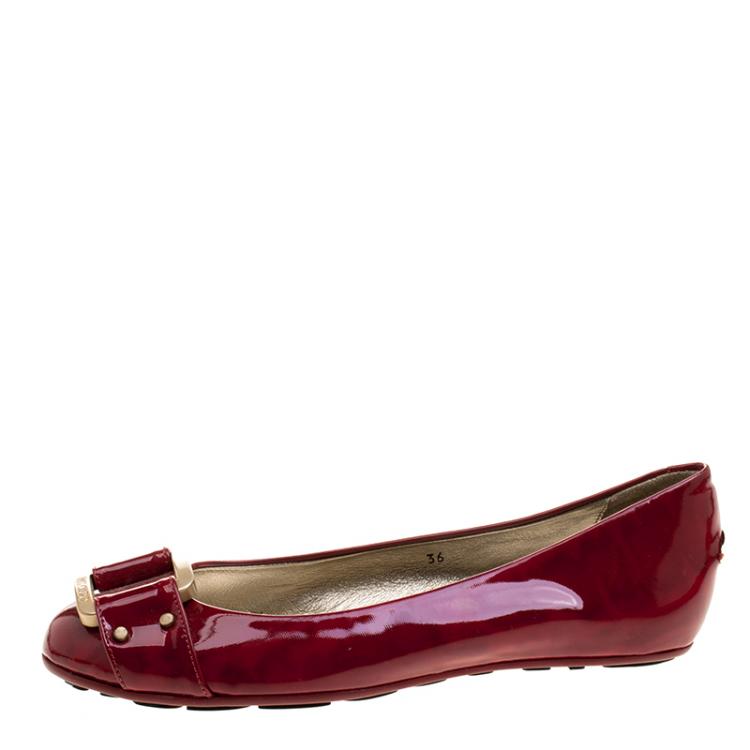 Pre Owned Jimmy Choo Red Patent Leather Morse Buckle Ballet Flats Size 36
