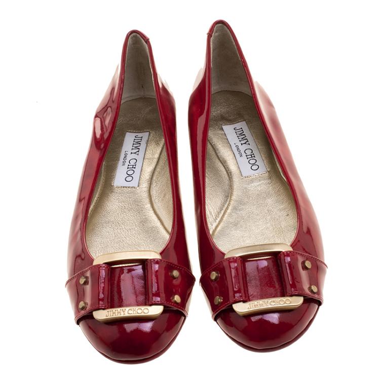 Pre Owned Jimmy Choo Red Patent Leather Morse Buckle Ballet Flats Size 36