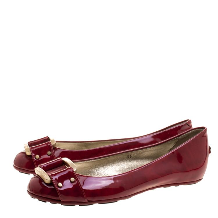 Pre Owned Jimmy Choo Red Patent Leather Morse Buckle Ballet Flats Size 36