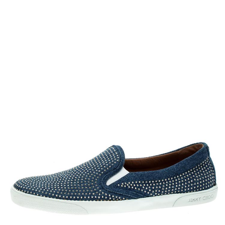 مملوكة مسبقًا Jimmy Choo Blue Denim Micro Studded Demi Slip On Sneakers Size 42