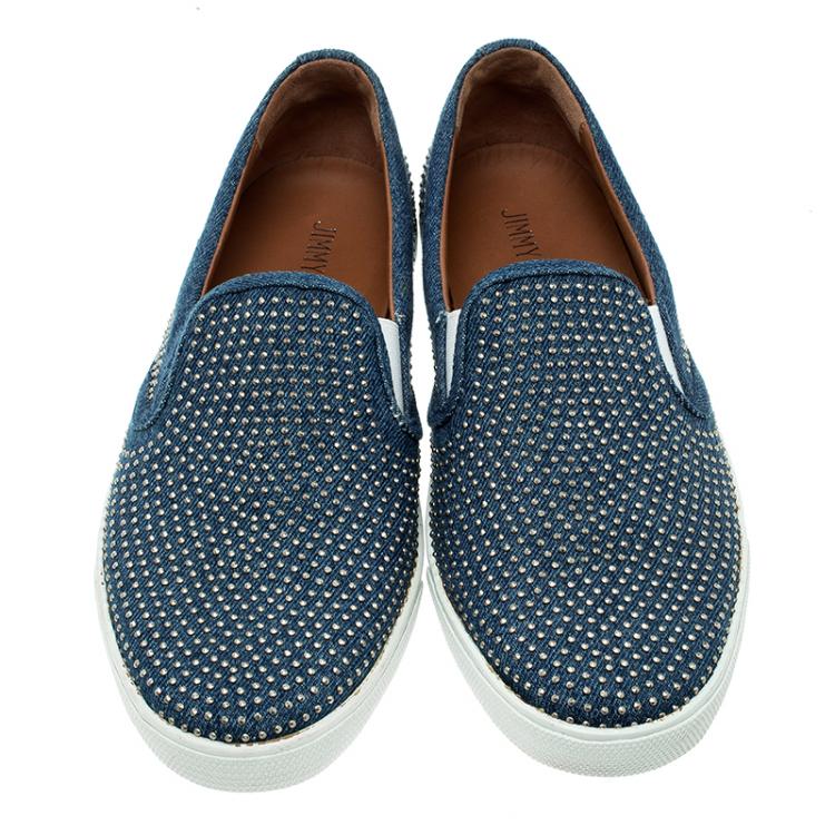 مملوكة مسبقًا Jimmy Choo Blue Denim Micro Studded Demi Slip On Sneakers Size 42