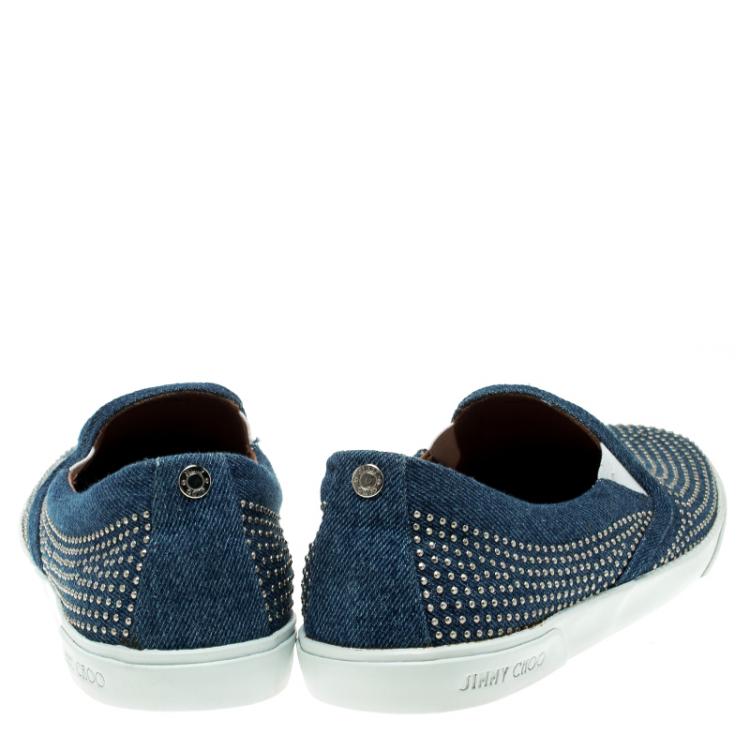 مملوكة مسبقًا Jimmy Choo Blue Denim Micro Studded Demi Slip On Sneakers Size 42