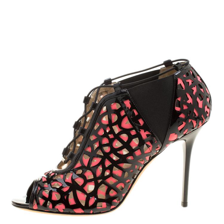 Pre Owned Jimmy Choo Two Tone Laser Cut Leather and Fabric Tactic Lace Up Booties Size 39.5