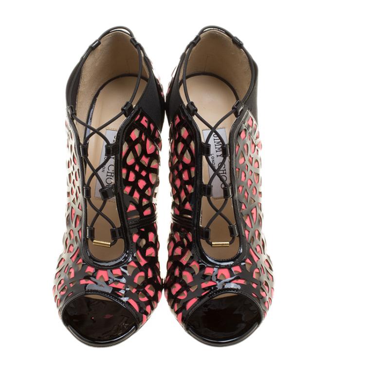 Pre Owned Jimmy Choo Two Tone Laser Cut Leather and Fabric Tactic Lace Up Booties Size 39.5