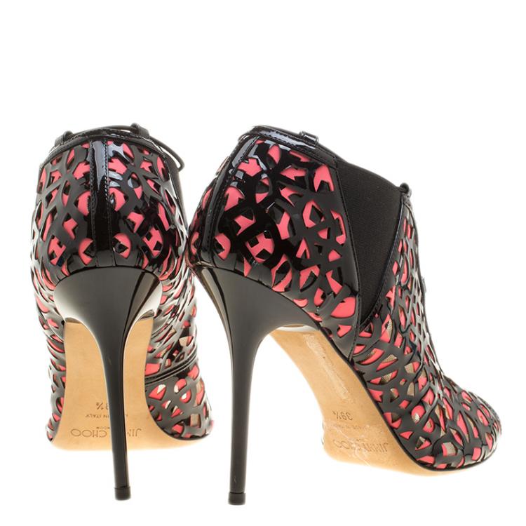 Pre Owned Jimmy Choo Two Tone Laser Cut Leather and Fabric Tactic Lace Up Booties Size 39.5