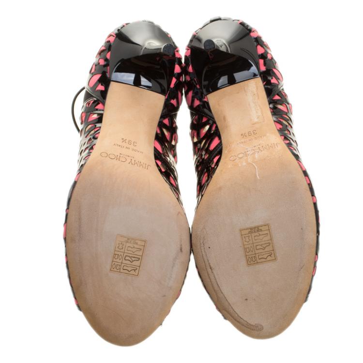 Pre Owned Jimmy Choo Two Tone Laser Cut Leather and Fabric Tactic Lace Up Booties Size 39.5